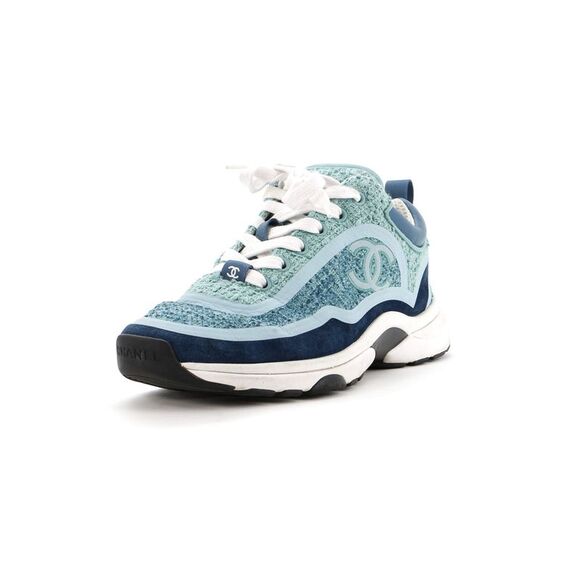 Chanel Women's CC Cap Toe Logo Sneakers Suede and Tweed Blue